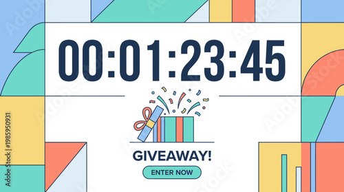 A colorful geometric pattern background displays a countdown timer and a festive giveaway announcement with a gift icon.