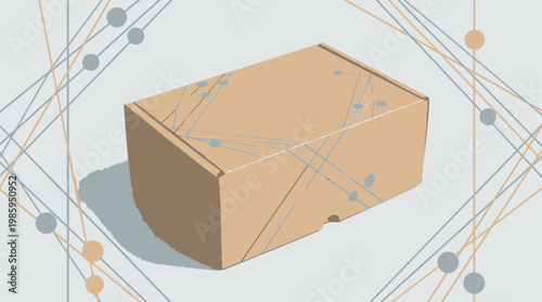 The box is placed on a surface with geometric lines and dots around it.
