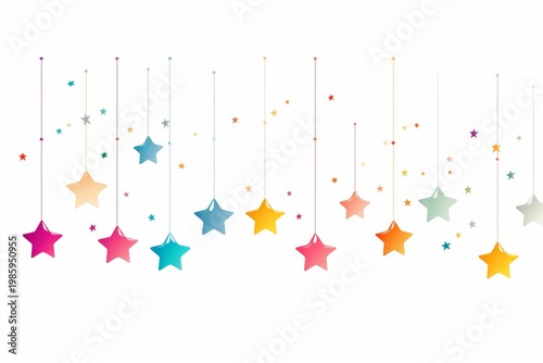 Gradient colored stars hanging against a white background, creating a celebratory design element