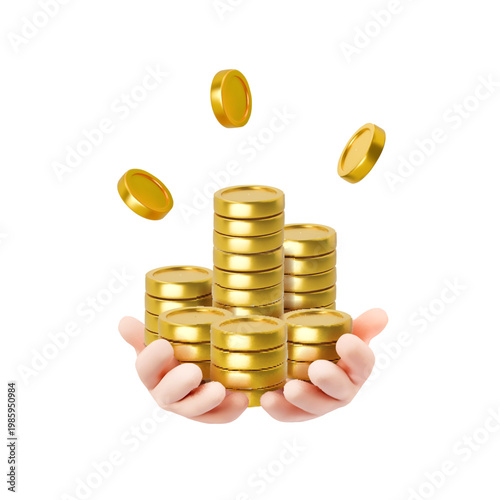 Cute cartoon hands holding or giving gold coins. 3d realistic icon, 3D hand holding stack of coins.. Finance, profit, success, or cash back business concept. Vector render illustration