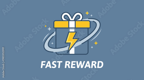 A stylized gift box with a lightning bolt and ribbon receives a fast reward in a celebratory scene with sparkles.