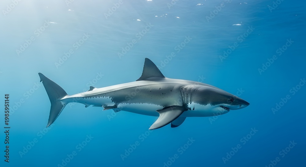 Naklejka premium Shark swimming underwater in blue ocean with clear visibility