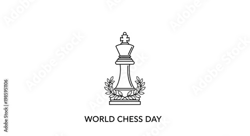World Chess Day King Icon with Laurel Wreath - Minimalist Line Art