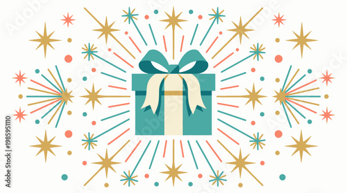 A colorful gift box surrounded by festive fireworks and confetti explodes in celebration.