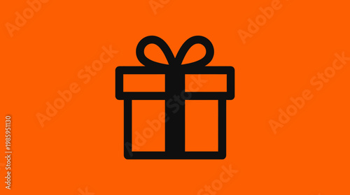 A black gift box icon with a bow on an orange background is presented.