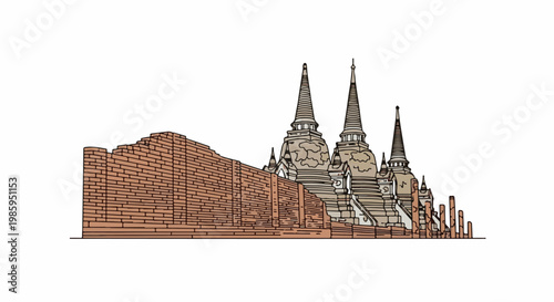 Ancient brick wall and stupas with layered, conical roofs in a row