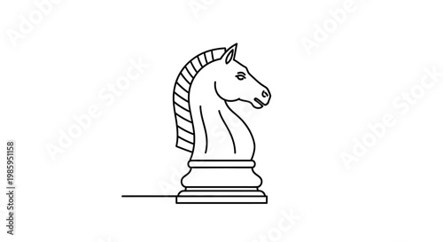 Black and white chess knight outline, minimalist design on white background