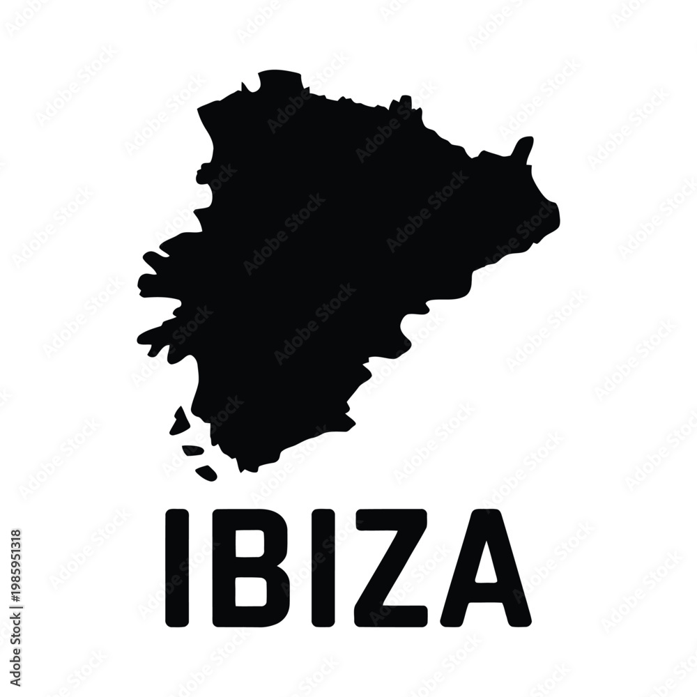 Obraz premium A stark black silhouette of the island of Ibiza is displayed above its name in bold lettering