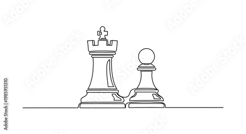 Chess Rook and Pawn, Single Line Drawing, Strategy Concept