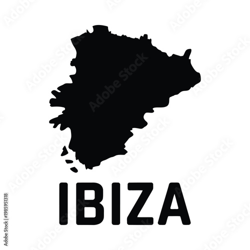 A stark black silhouette of the island of Ibiza is displayed above its name in bold lettering