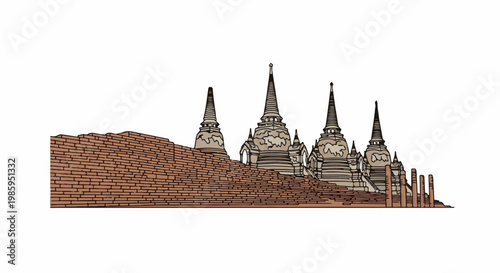 Ancient brick wall with five tiered stupas in the background