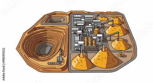 An aerial view illustration of an open-pit mine and processing facility