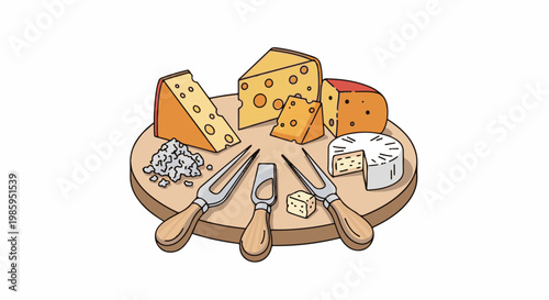 Assorted cheeses and tools artfully arranged on a wooden serving board