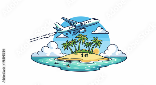 An airplane flies over a tropical island with palm trees and people swimming
