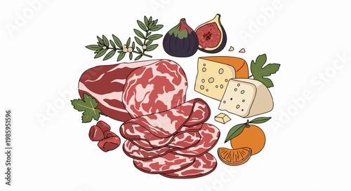 Assorted cured meats, cheeses, figs, oranges and herbs arranged attractively