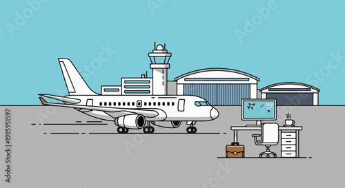 An airport scene with a plane, control tower, hangars, and an outdoor office