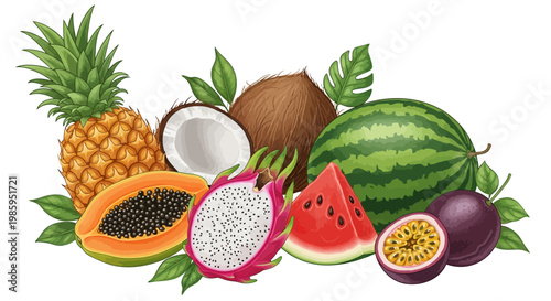 Detailed vector illustration of a tropical fruit assortment, including pineapple, watermelon, and dragon fruit, arranged against a white background with vibrant, saturated colors
