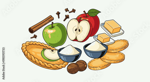 Assorted ingredients for baking including apples, pie crusts, and spices