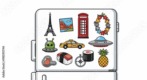 Assorted travel and cultural icons on a refrigerator