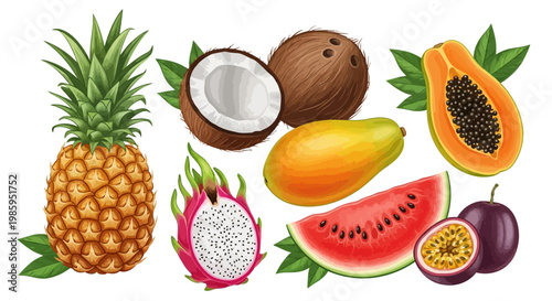 A vibrant assortment of tropical fruits, including pineapple, coconut, mango, papaya, watermelon, dragon fruit, and passion fruit, is presented against a white backdrop in a colorful