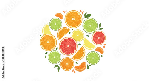 Overhead shot of a citrus fruit arrangement featuring oranges, grapefruits, lemons, and limes in a circular composition, presented in a flat lay with a clean and bright style, set