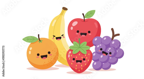 A cheerful cartoon fruit group featuring a banana, apple, orange, strawberry, and grapes with cute smiling faces, presented in a bright and colorful flat vector illustration against a clean