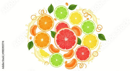 Overhead vector illustration of assorted citrus fruit slices, including oranges, grapefruits, limes, and lemons, arranged in a circular composition against a bright white background