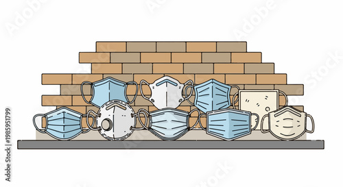 An assortment of assorted medical face masks are displayed on a shelf in front of a brick wall