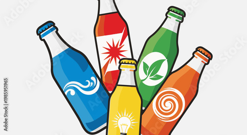 Assortment of colorful illustrated bottles on a light background