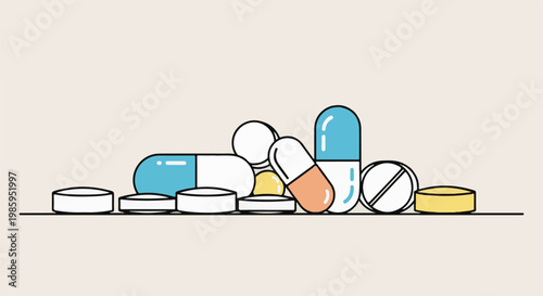 Assortment of colorful pills and capsules scattered on a surface