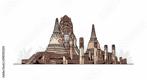 Ancient temple ruins with towering stupas and crumbling brick structures