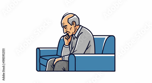 An elderly man sits alone on a blue couch, deep in thought with his hand on his chin