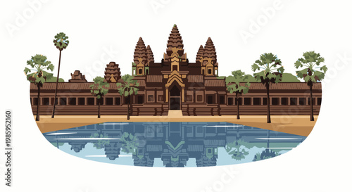 Ancient temple with intricate towers reflected in calm water under palm trees