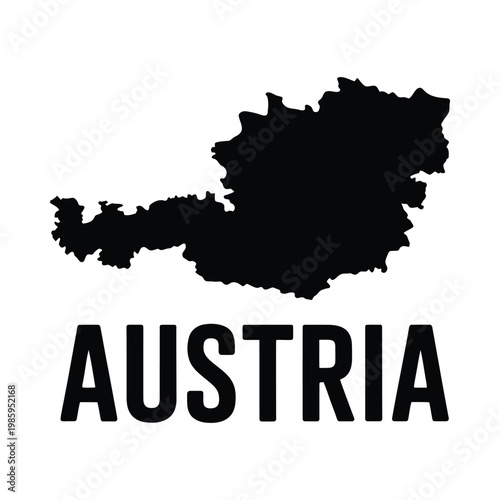 A stark black silhouette of austria is displayed alongside a bold capitalized country name