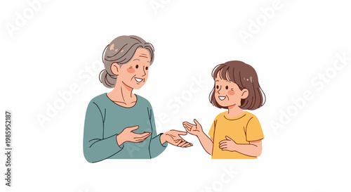 An elderly woman and a young girl converse, sharing a moment of connection