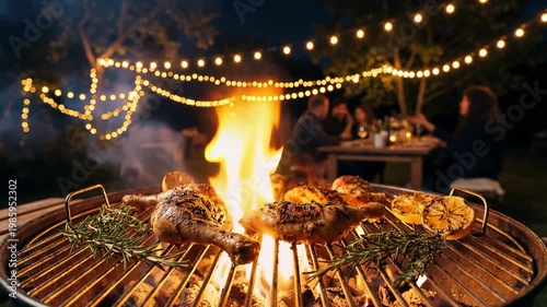 Grill roast bbq chicken leg with herbs cooking on fire outdoor food