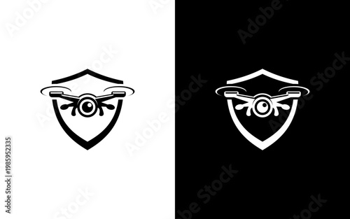 Drone Security Shield Logo, Quadcopter Surveillance Icon with Protection Emblem, Modern Aerial Technology Vector Illustration