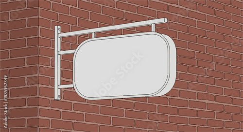 An empty, light-colored oval sign hangs from a white metal bracket on a brick wall