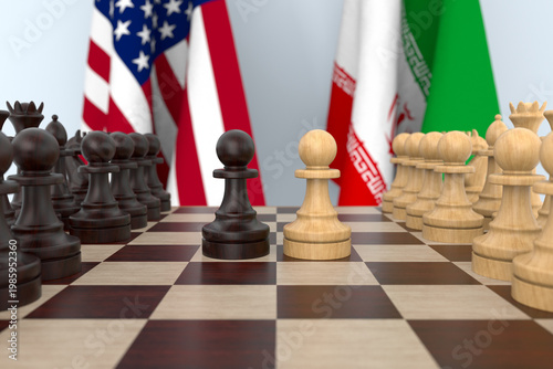 Flags of United States and Iran behind chess board. The first pawn moves in the beginning of the game. 3D illustration