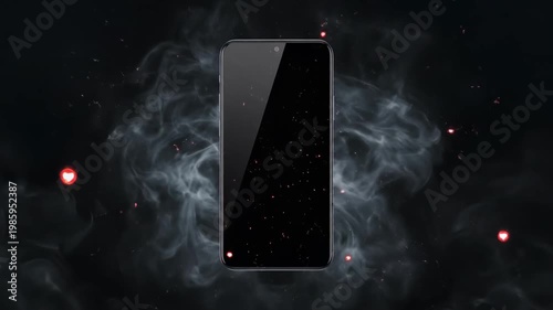 In a dynamic scene, a sleek smartphone emerges from swirling dark smoke, surrounded by bright likes and hearts, embodying the essence of social media interaction and connection in an artistic realm.