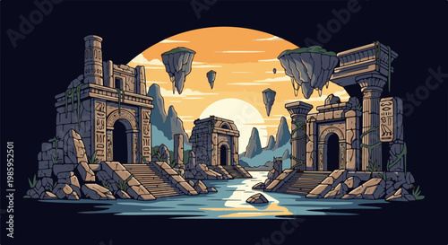 Ancient floating ruins with Egyptian hieroglyphs at sunset