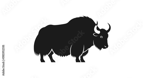 Silhouette of a fluffy yak with horns on a white background