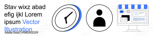 Time management, user identity, e-commerce, business solutions, online interaction, profile settings. Clock, user icon and an e-store interface on a white background. Time management user identity