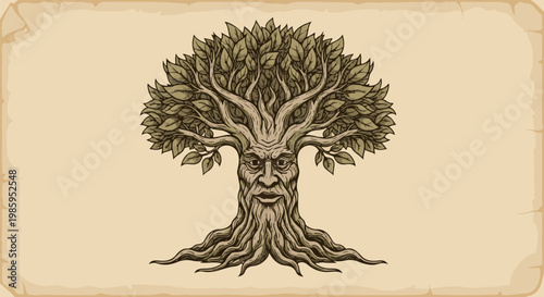 An ancient, wise-looking tree with a human-like face in the trunk