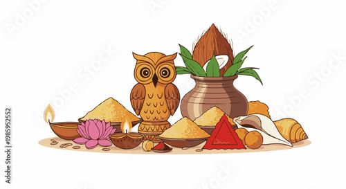 An Indian festival offering with an owl, lamps, coconut, flowers, and grains