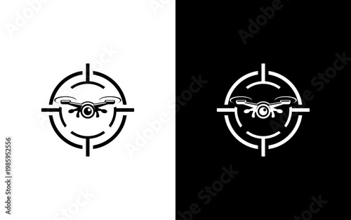 Modern Drone Quadcopter Logo with Target Crosshair, Minimalist UAV Surveillance Icon for Aerial Photography and Security Technology
