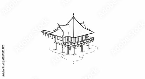 An isometric line drawing of a traditional stilt house with a pier