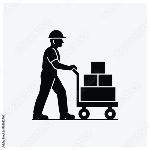 Silhouette of a worker pushing a handcart loaded with boxes.
