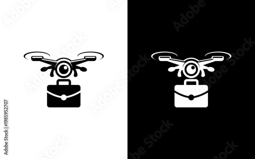 Modern Drone Delivery Service Logo, Quadcopter Carrying Briefcase Icon for Logistics and Smart Shipping Technology