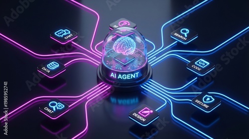 AI agentic workflow automation artificial intelligence agent software interface nodes triggers data tool dashboard coding icon flow process database technology 3d rendering.